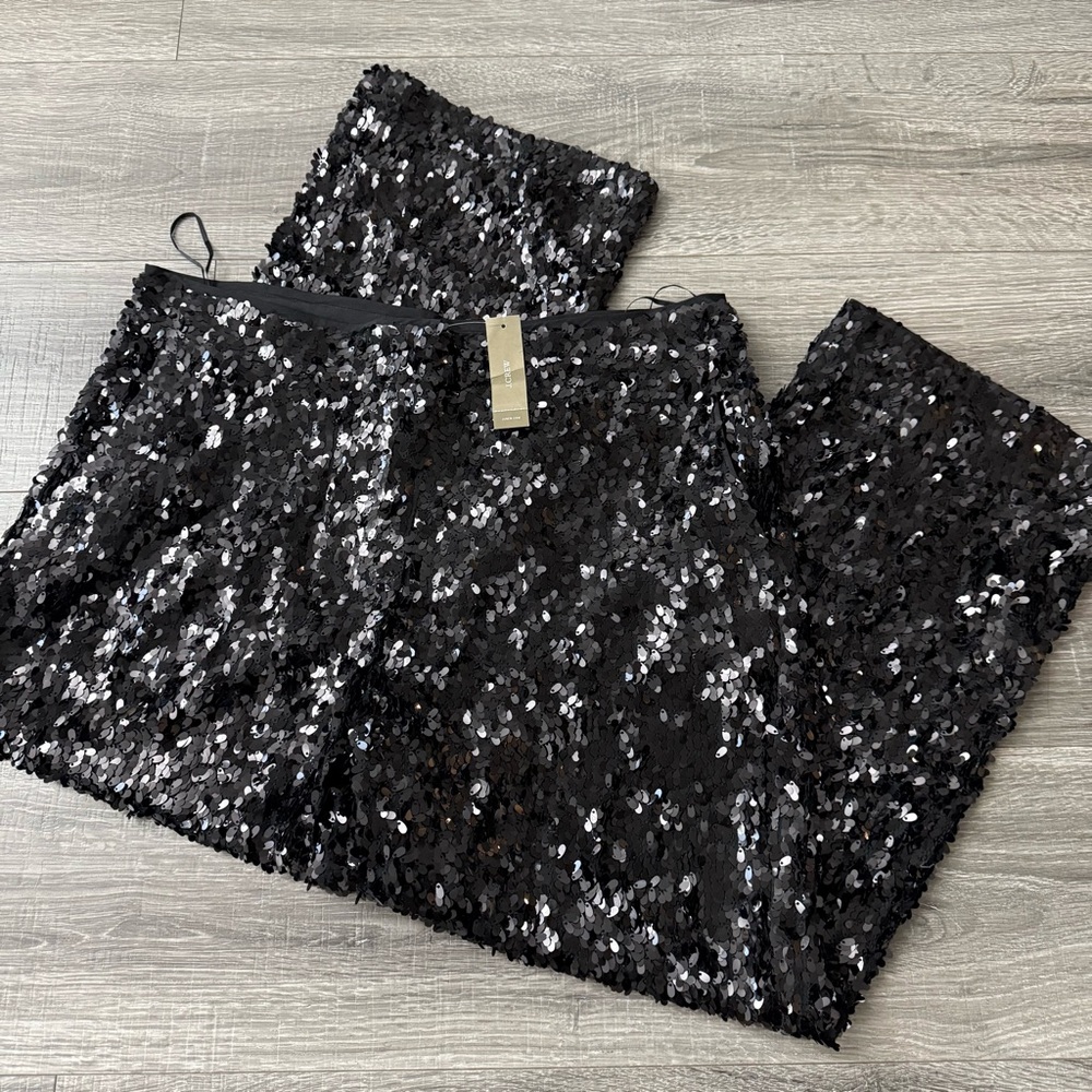NWT J.Crew Collection Ingrid in Black Sequin High Rise Wide Leg Pants Size 14 - Picture 2 of 5